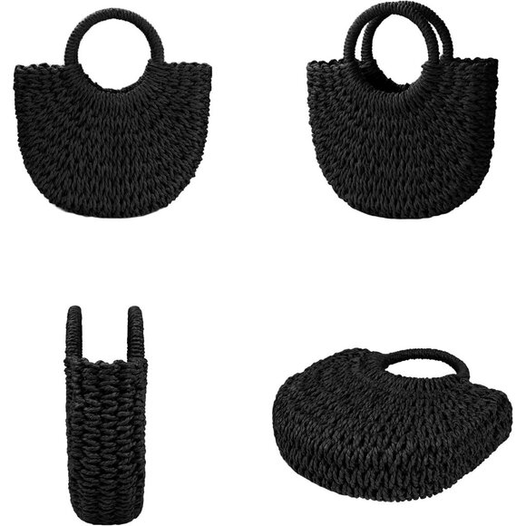 Women's Black Straw Beach Woven Cross Body Shoulder Top Handle Satchel Handbag - Picture 3 of 6